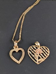 14k Gold Necklace With 2 Heart Pendants- See Description