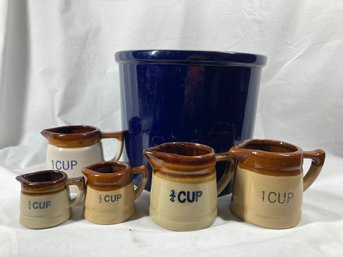 Vintage Stoneware Measuring Cups And Crock