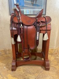 Ornate Custom Full Size Saddle With Decorative Wood Display