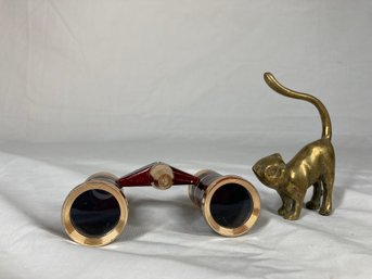 Small Brass Cat And Vintage Tasco Binoculars