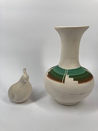 Vintage White Ceramic Signed Vase & Vintage White Ceramic Quail