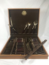 Bronze Tone Silverware Set In Flat Wooden Case