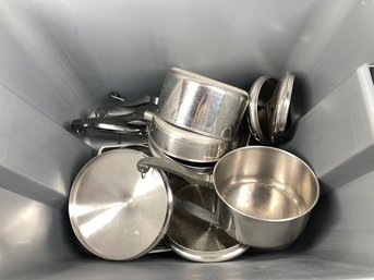 Box Of Assorted Pots And Kitchen Utensils