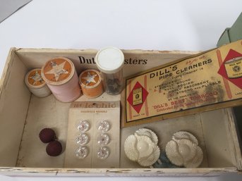 Old Cigar Box & Shoe Box Of Sewing Supplies & More Vintage Buttons