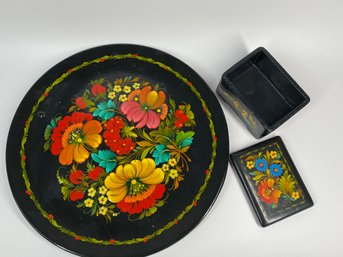 Vintage Russian Hand Painted Floral Flowers Wooden Plate With Matching Lidded Box