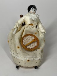 Miniature Vintage Porcelain Doll With Chair & Bowl