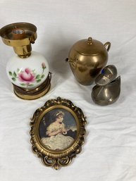 Assorted Decorative Brass Pieces Featuring Apple Themed Brass Pitcher