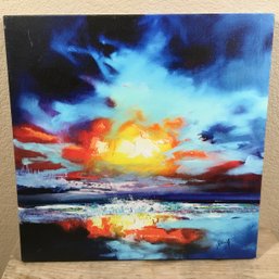 Colorful Print On Canvas Of Painting Of Sunset Over The Ocean