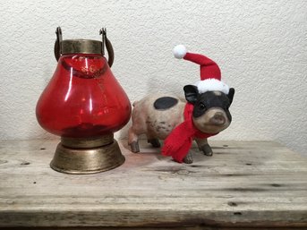 Decorative Red Glass & Metal Candle Holder With Handle & Cast Pig With Red Scarf And A Santa Hat