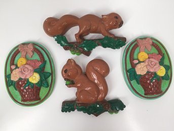 Hand Painted Vintage Chalk/plaster Ware Squirrel & Flower Wall Decor