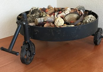 Big Metal Antique Styled Round Tray With Cast Metal Wheels, Small Pull Bar, With Assortment Of Dried Items