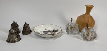 Collection Of Three Antique Silver Inkwells With Hand Turned Wooden Vase & Decretive Glass Pieces