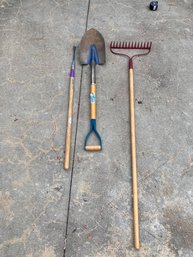 Rake, Gardening Tool And A Shovel