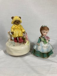 Paddington Bear Ceramic Music Box & Vintage Lefton Girl The Month Of June Ceramic Figurine