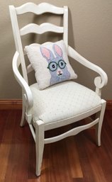 White Ethan Allen Arm Chair With Upholstered White Padded Seat #2 With Embroidered Bunny Pillow