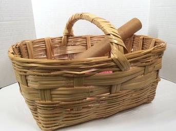 Natural Woven Basket With Knitting Supplies