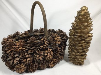 Pine Cone Basket With Large Gold Wax Pine Cone Candle