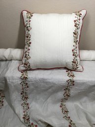 2.75 Yards Of Machine Embroidered Roll Of Fabric With Matching Throw Pillow(Pillow Slight Staining See Photos)