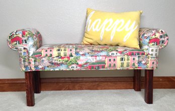 Sweet Rolled Arm Upholstered Little Bench With Yellow HAPPY Pillow- See Photos For Measurements