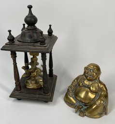 Wonderful Cast Bronze Buddha & Cast Bronze Ganesha Statues With Ornate Wooden Display