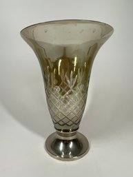 Antique Engraved Pillar Carved Smoked Glass With Silver Metal Base