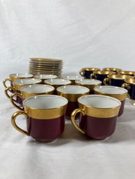 O. P. CO. SYRACUSE CHINA- Blued & Gold Teacups With Saucers  And Burgundy & Gold Set