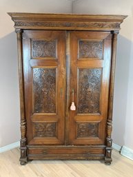 Big Antique Ornately Carved Wooden Two Door Armoire-Great Craftsmanship, Door Pillars Rotate As They Open