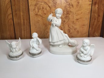 Ceramic White Angel Boxes & Unglazed Holland Figurine- See Photos For Conditions