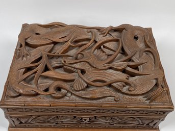 Big Incredible Vintage Hand Carved Wooden Walnut Dragon Designed Storage Box With Key & Blue Velvet Lining