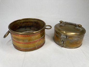 Round Hinged Lid Antique Brass Box & Round Antique Brass Vessel With Ring Handles