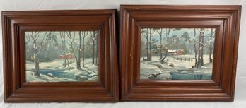 Pair Of Framed Original Paintings Of Cabins In The Snow
