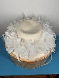 Partridge In A Pear Tree Hat Box With Beautiful Cream Wool Hat With White Feather Band