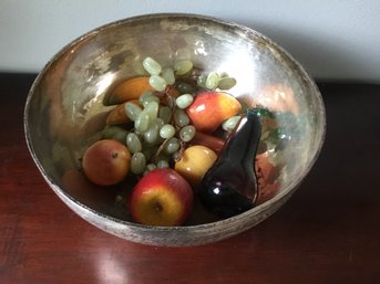 Big Silver Ornate Bowl With Blown Glass & Hand Carved Stone Fruit
