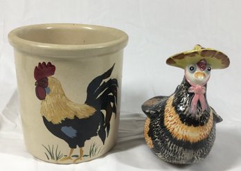 Roseville, Ohio Rooster Crock & Vintage Chicken Planter ( Chicken Has Hole In Back For Plant)