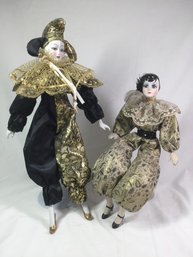 Fancy Hand Painted Porcelain Clowns In Gold & Black On Stands