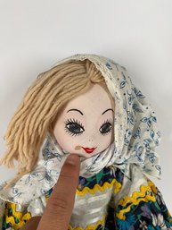 Handmade Cloth Body Doll Painted Face, Yarn Hair With Head Covering