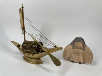 Beautiful Handmade Brass Boat & Vintage Japanese Clay Figurine