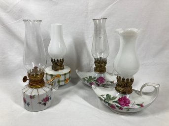 Assorted Set Of 4 Floral And Other Patterned Vintage Oil Lamps