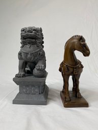 2 Pieces Featuring A Carved Slate Foo Dog Statue & Bronze Cast Chinese Horse Statue