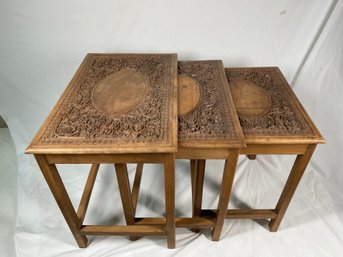 Antique Ornate Indian Hand Carved Nesting Tables