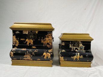 Pair Of Ornate Antique Asian Wooden Jewelry Box