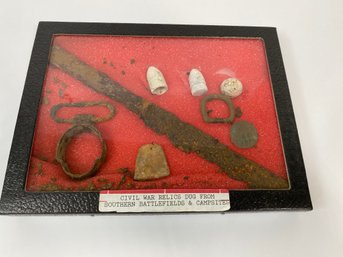 Collection In Box Labeled CIVIL WAR RELICS DUG FROM SOUTHERN BATTLEFIELDS & CAMPSITES With Item List On Back