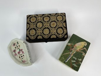 Great Vintage Trio Featuring Ceramic Incense, Box Jewelry Box & Beautiful Embroidered Sewing Kit Box