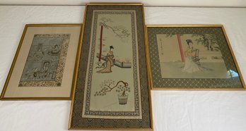 Beautifully Handpainted Silk Antique Painted Scenes In Gold Giltframes