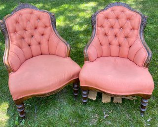 Beautiful Salmon/terracotta Colored Petite  Antique Tufted Back Side Chairs- See Photos For Condition