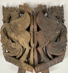 Pair Of Antique Hand Carved Wooden  Indian Horse Figure Door Bracket/Panel