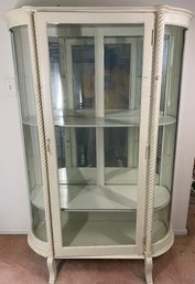 Antique  Painted White Wood Curio Cabinet With Curved Glass