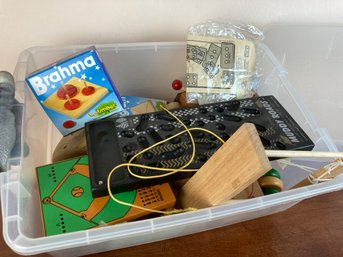 Games In Rubber Maid Tote, Wood Game Brahma, Muddy Roads, Plastic Baseball Game, Disappearing Dollar Wood Toy