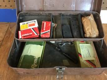 Vintage Pinkish Metal Tackle Box & Ammo For Parts & Pieces Only (see Photos) With 2 Clips