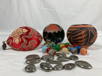 Acoma Pottery Pot Along With Marbles And Little Engraved Metal